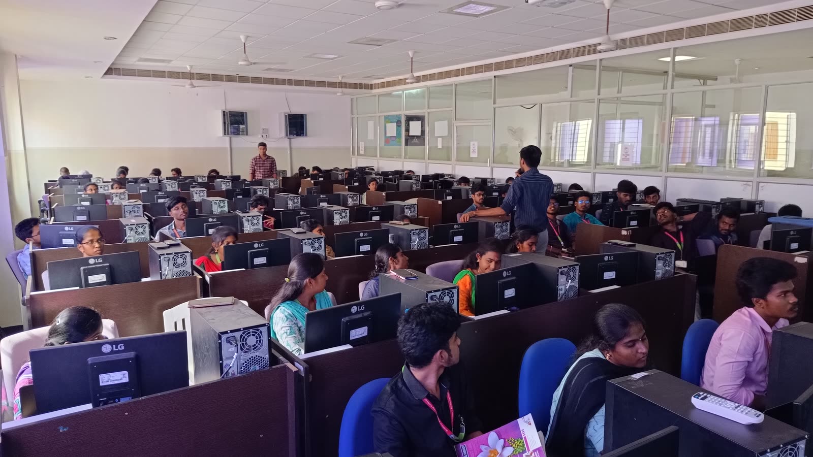 Students during an on-campus placement training assessment in a college computer lab